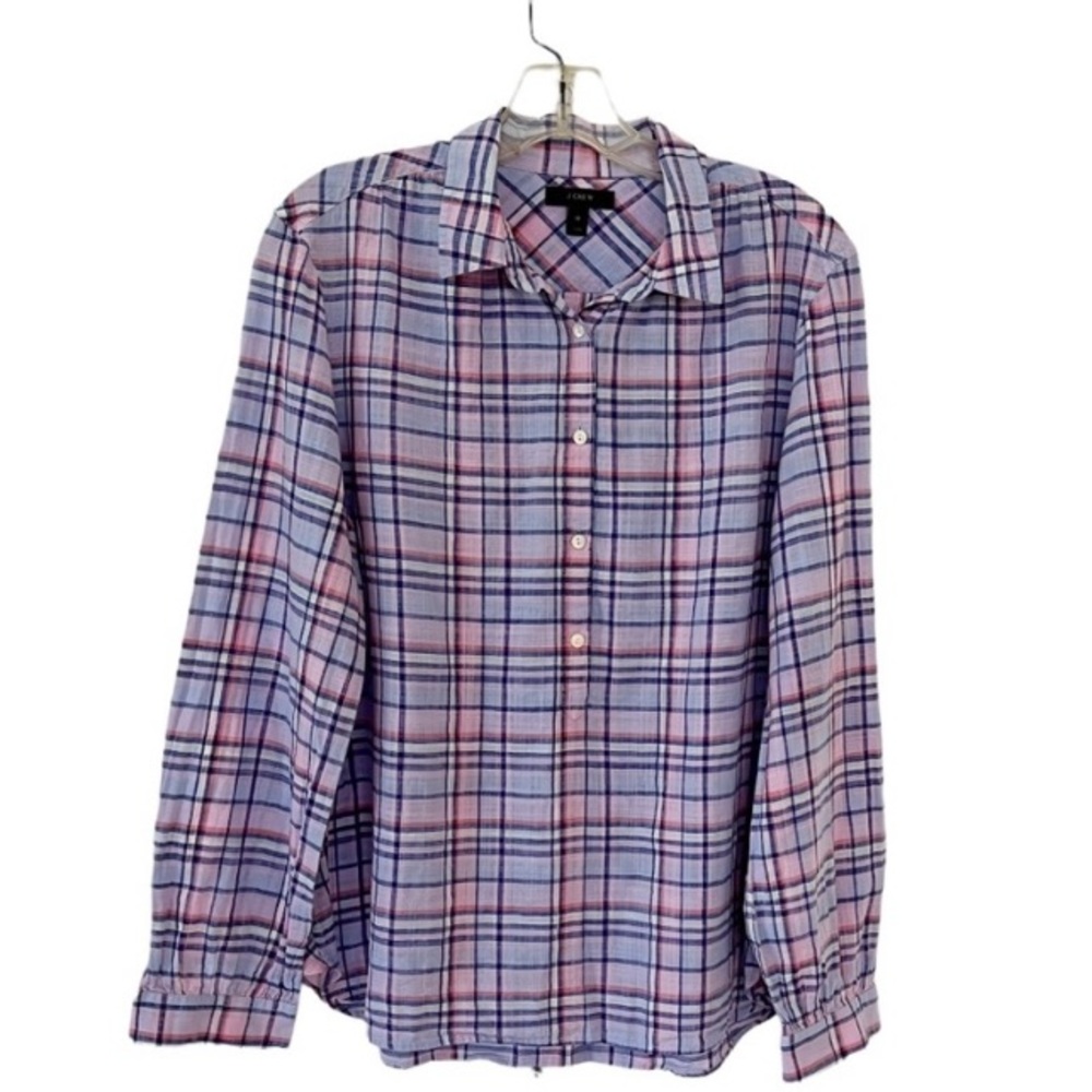 💜 J Crew 100% Cotton Gathered Popover Long Sleeve Plaid Shirt